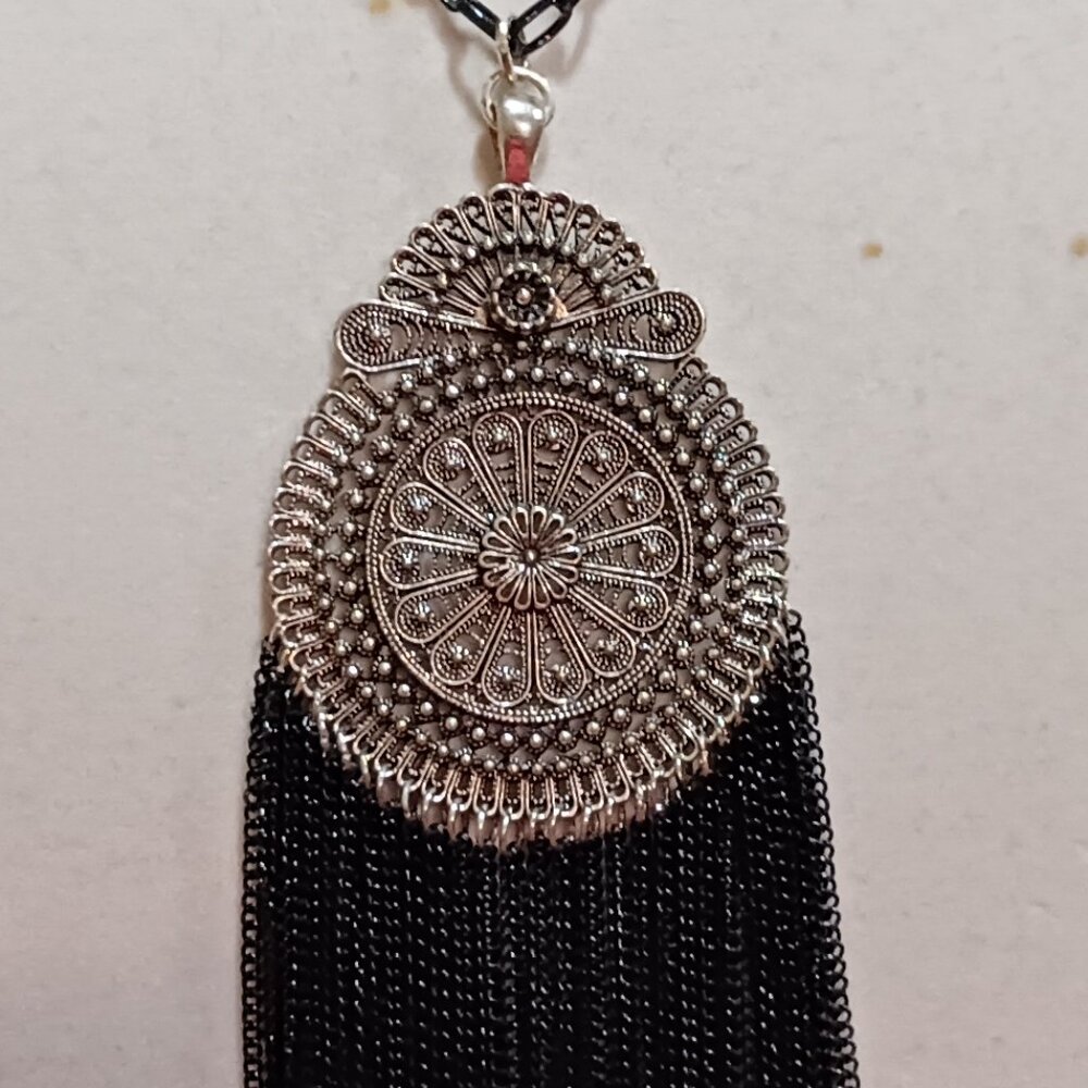 Handmade Black and Dark Silver Tassel Statement Fashion Medallion Necklace - Picture 6 of 8